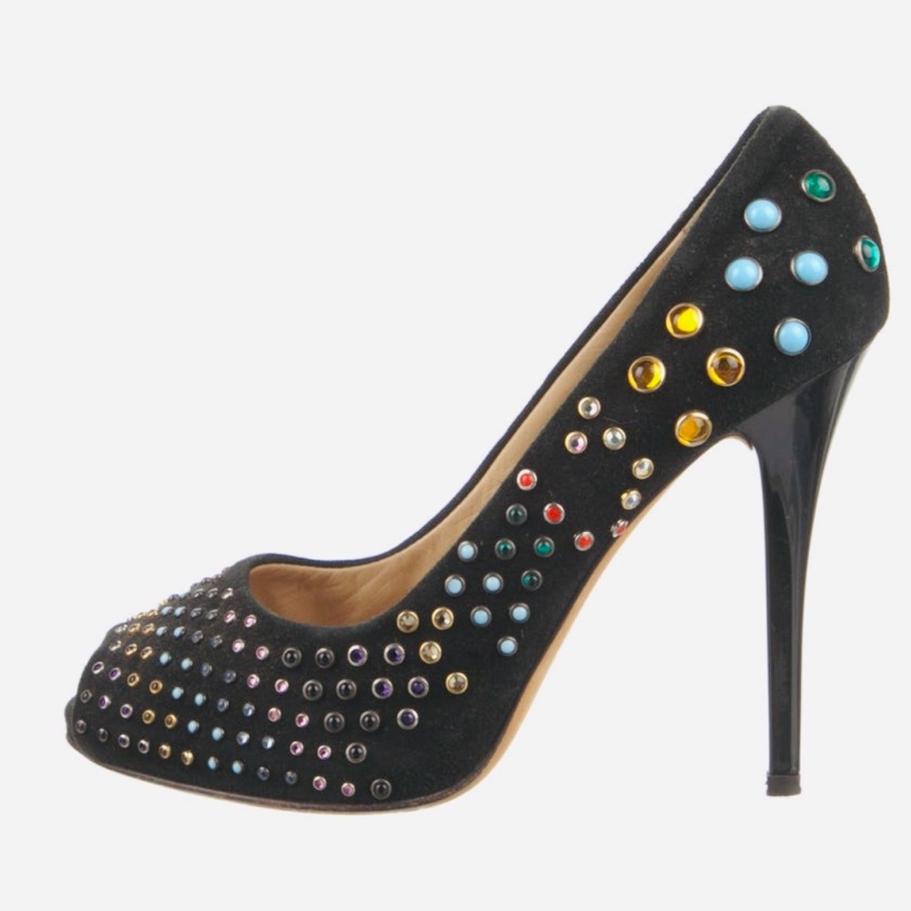 Giuseppe Zanotti Black Suede Stiletto with Multicolor Crystal Studs